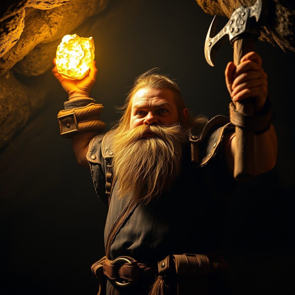 Dwarf Miner Holds Golden Nugget in Dark Cave