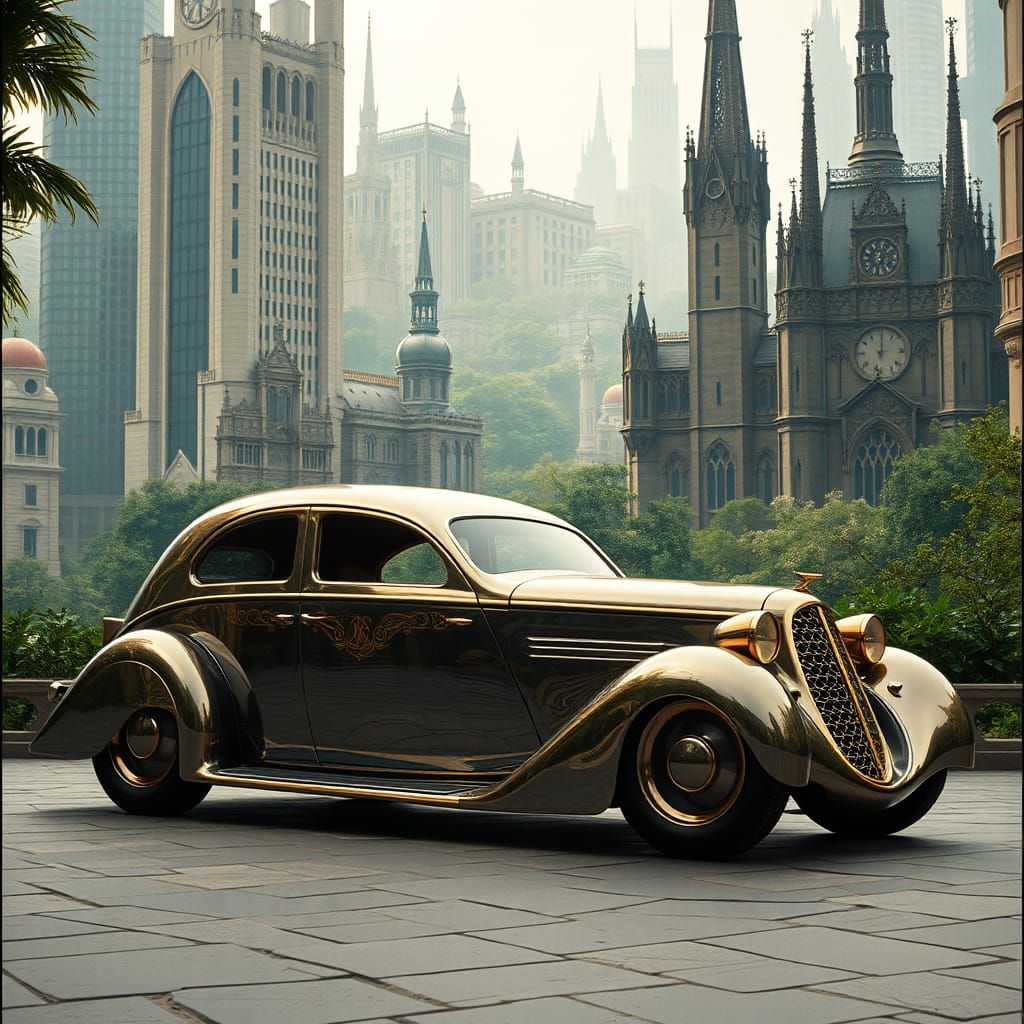 Retrofuturistic Peugeot Sedan in Steampunk Eco-City