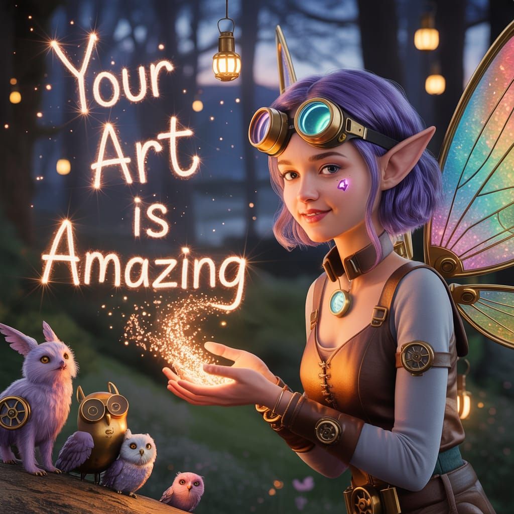 Steampunk Elf in Enchanted Forest with Clockwork Animals