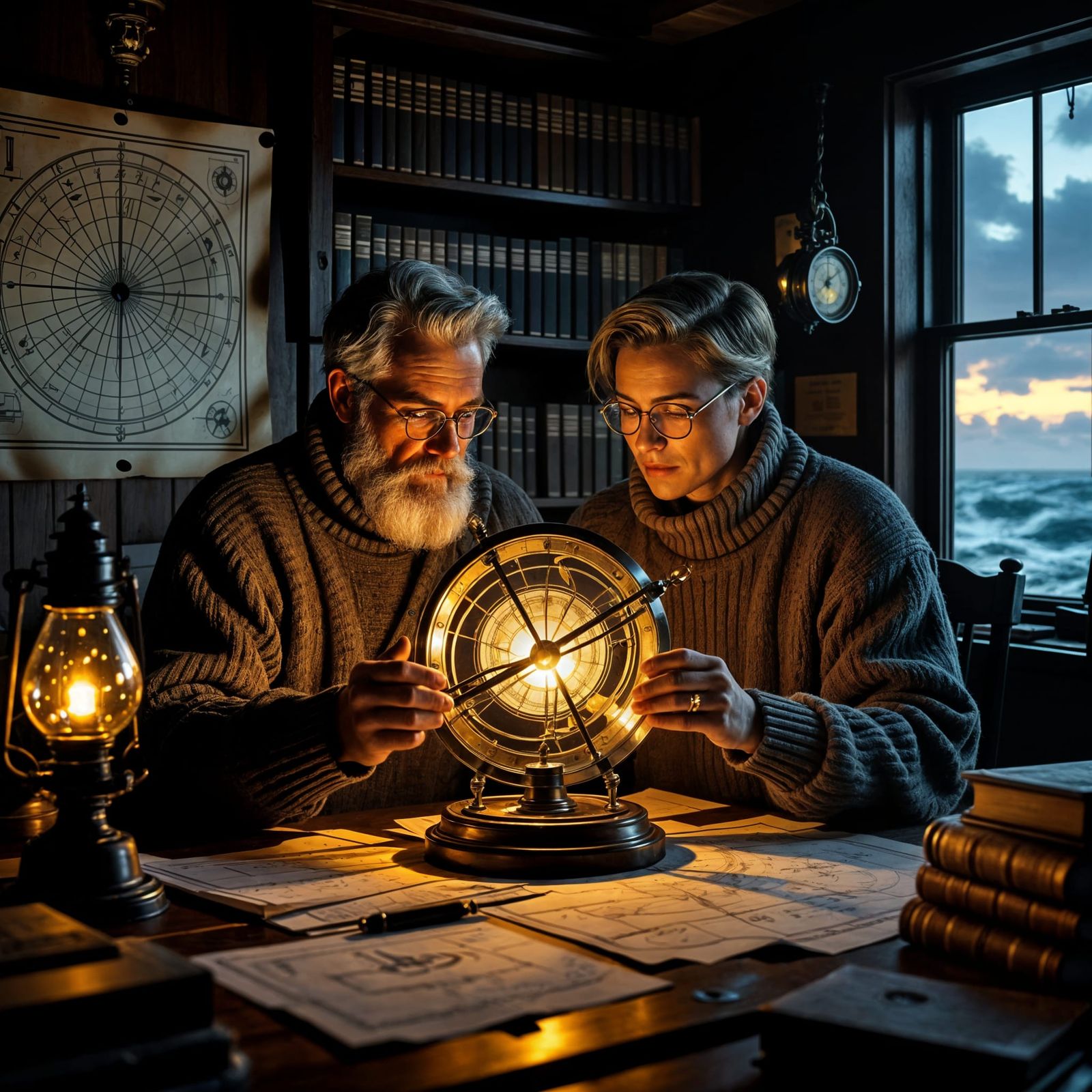 Lighthouse Keeper Polishing Astrolabe in Detailed Digital Pa...