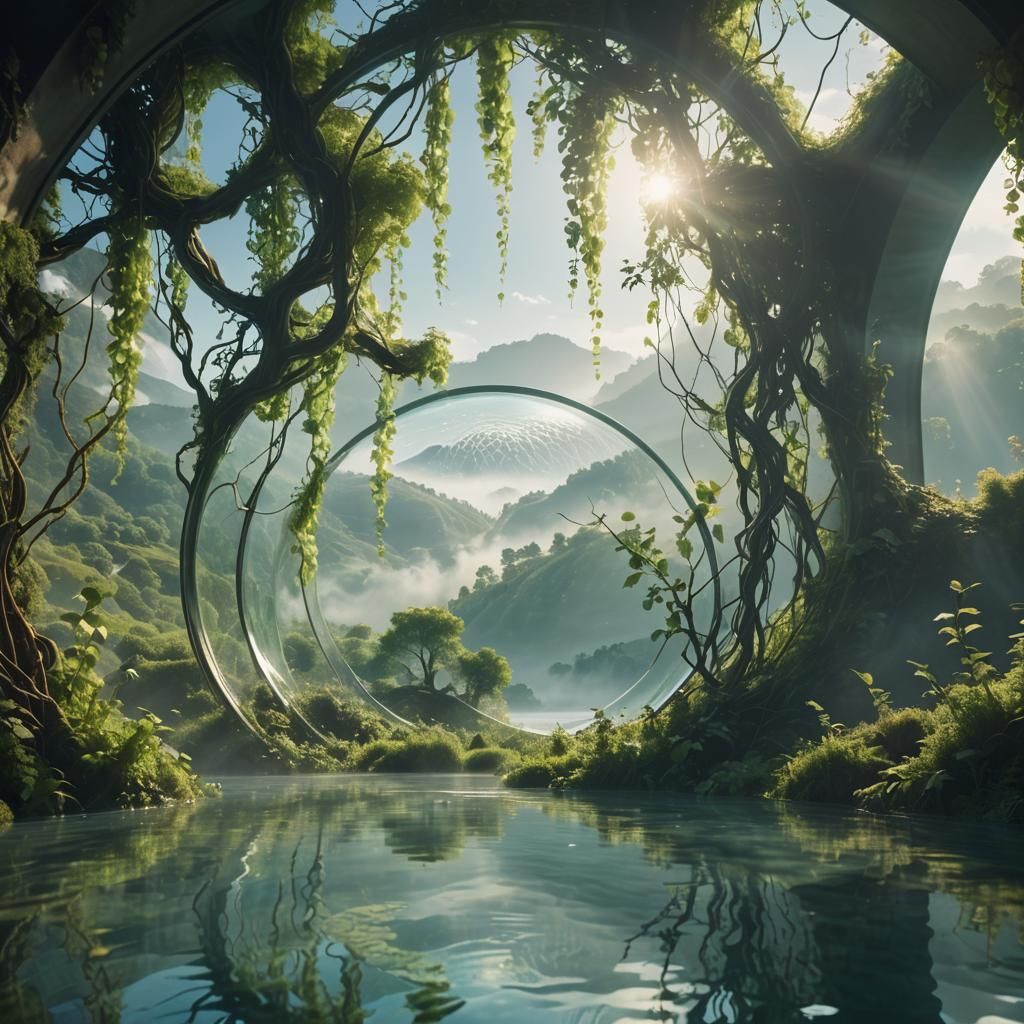 Surreal Valley Enclosed in Glass on Water