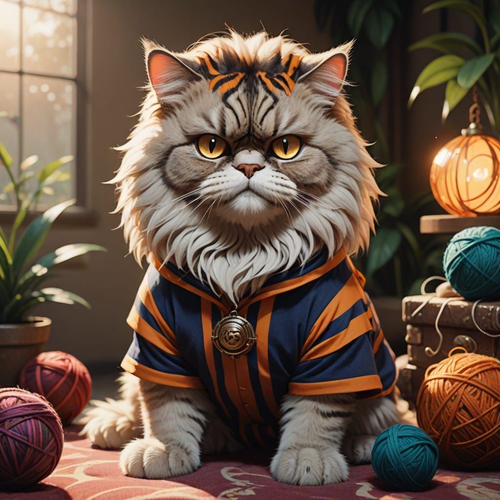 Fluffy Persian Cat in Tiger Costume Playing with Yarn