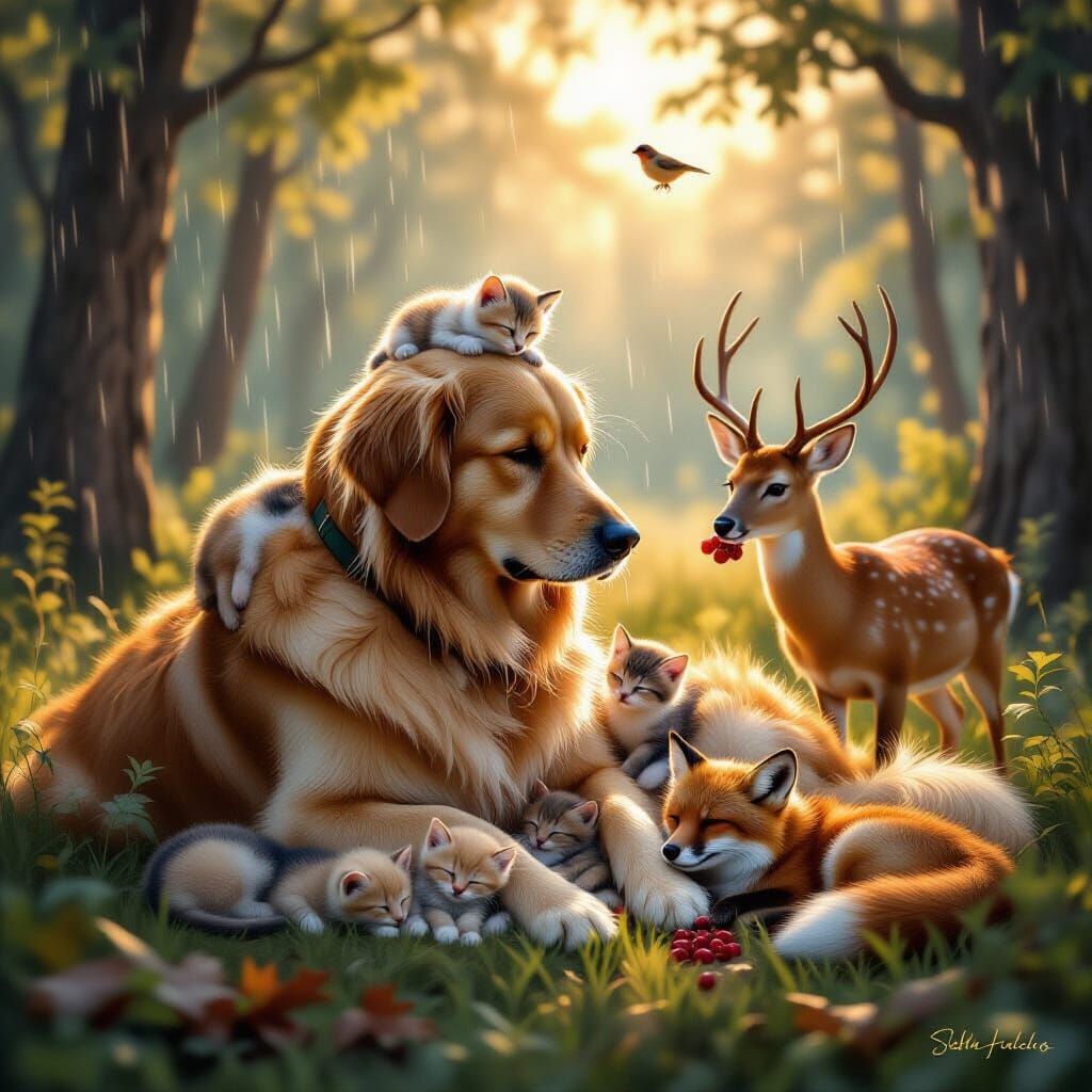 Golden Retriever Shelters Kittens in Serene Forest Sunrise