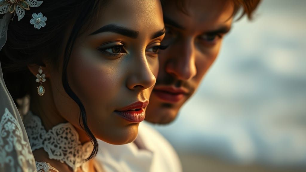 Hyperrealistic Portrait of a Couple in Ethereal Gown