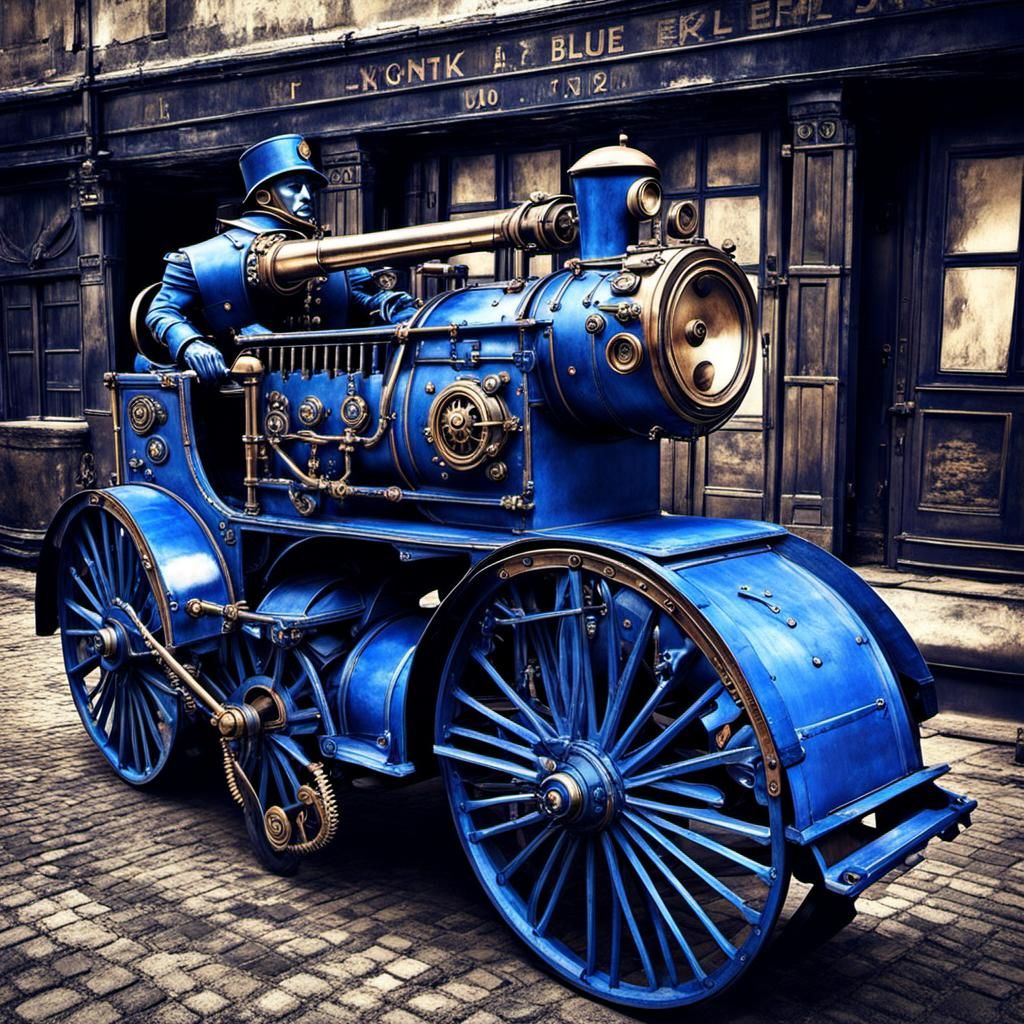 Detailed Steampunk Engine in Blue and Silver