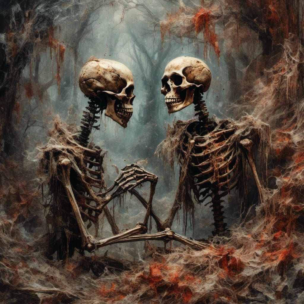 Skeletons in Love: Macabre Impressionist Gouache Masterpiece