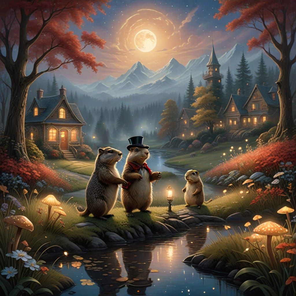 Groundhogs Stroll Hand in Hand through Enchanted Moonlit Lan...