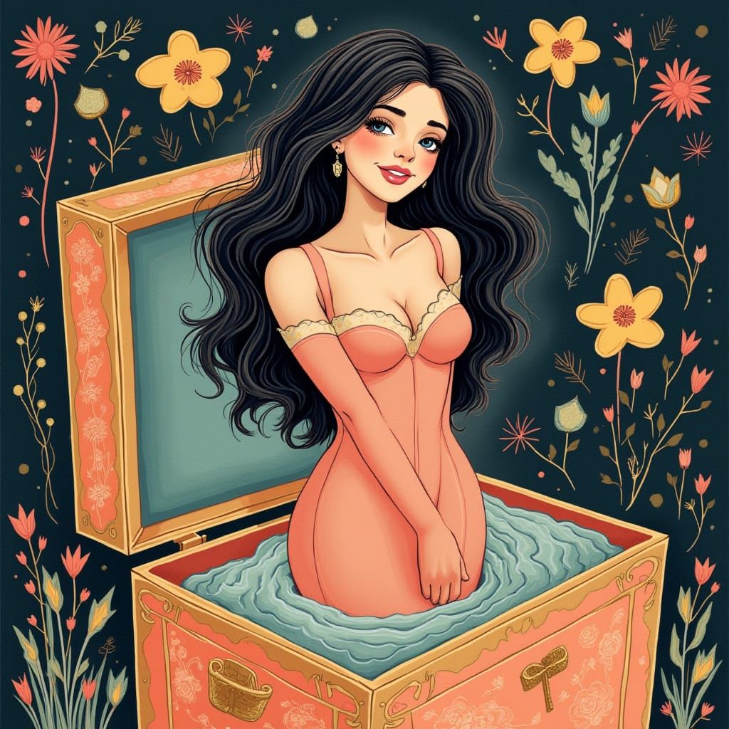 Sensual Young Woman Emerges from Ornate Box in Whimsical Art...