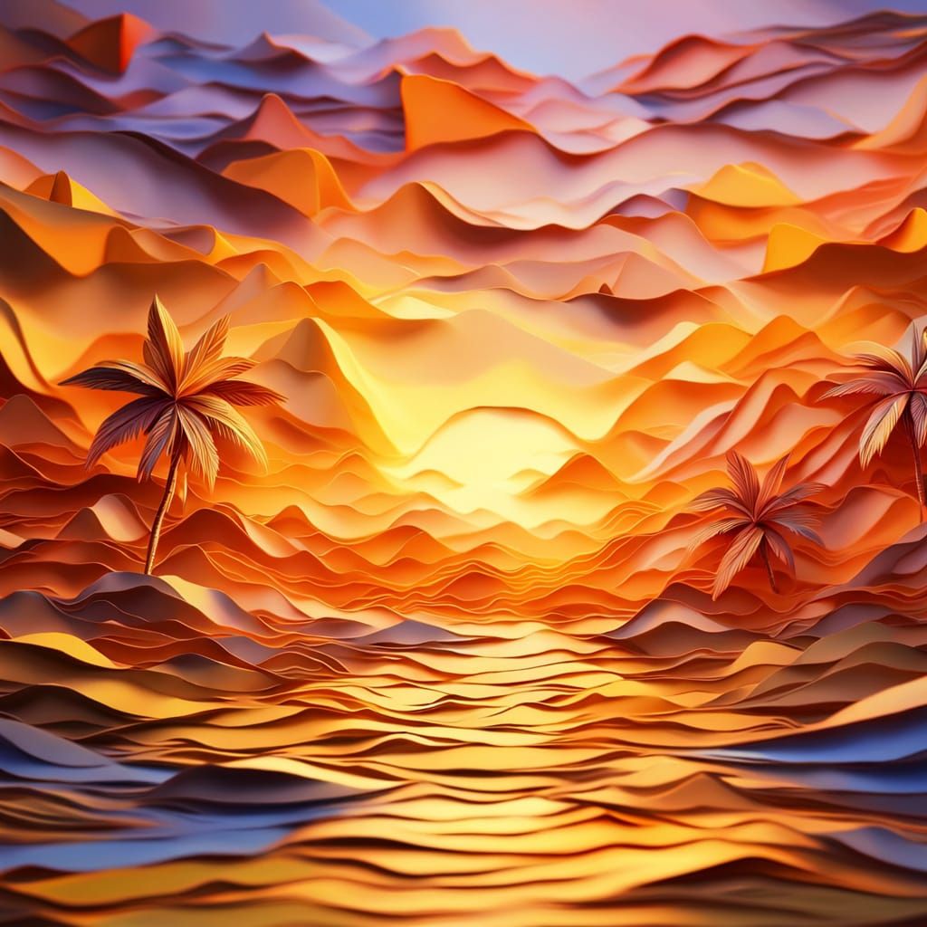 Paradise Sunset in Papercraft Oil Painting Style
