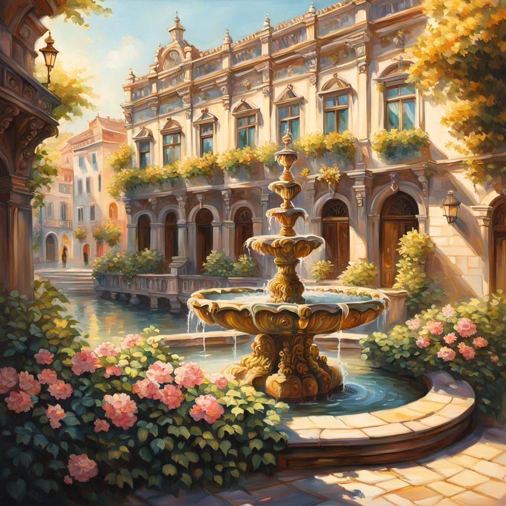 Baroque Fountain with Golden Light