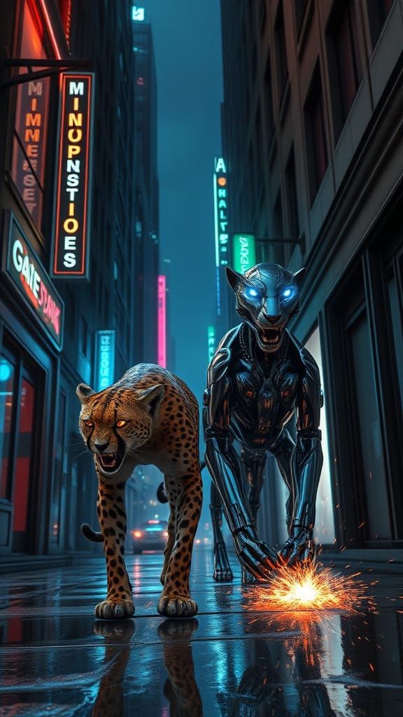 Cyberpunk Cheetah Confrontation in Neon Alley