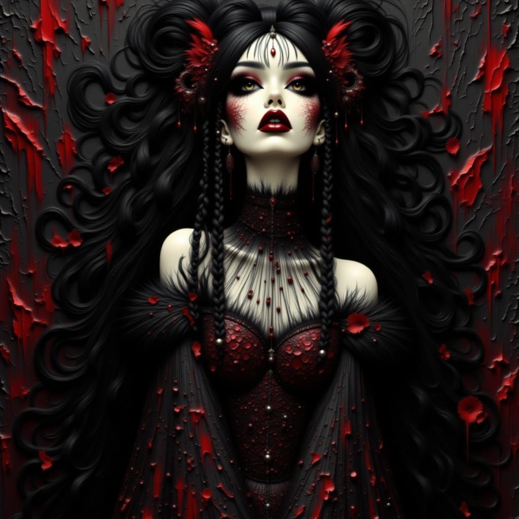 Dark Fantasy Portrait of Elegant Woman with Long Crimson Bra...