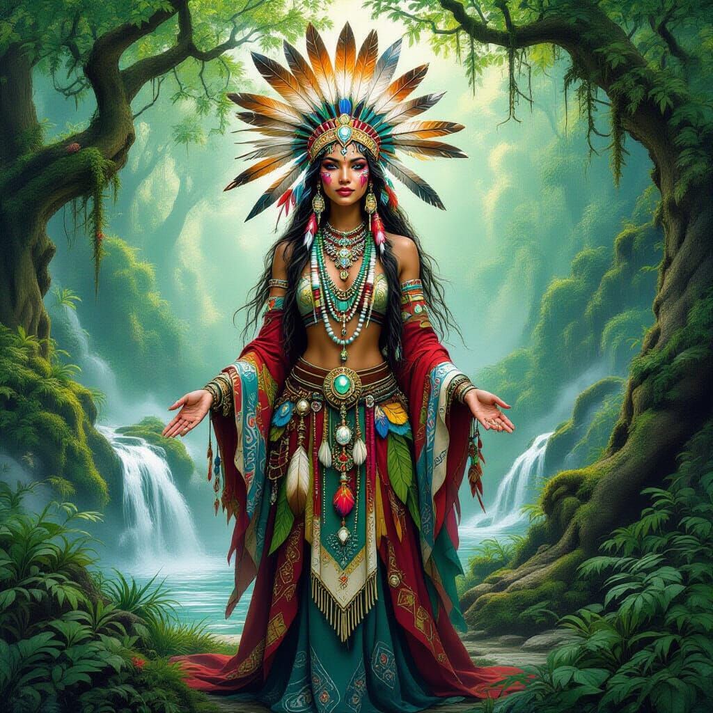 Shamanic Goddess in Lush Forest, Dreamlike Art