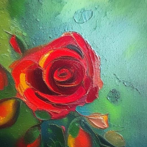 Close-Up Red Rose in Expressionist Oil Painting