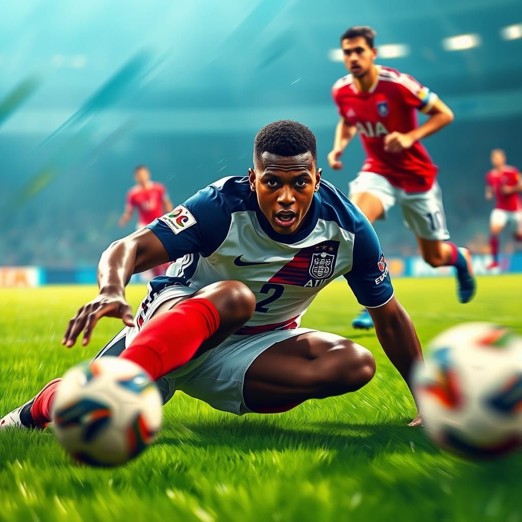 Mbappe in Mid-Action Slide on Football Pitch