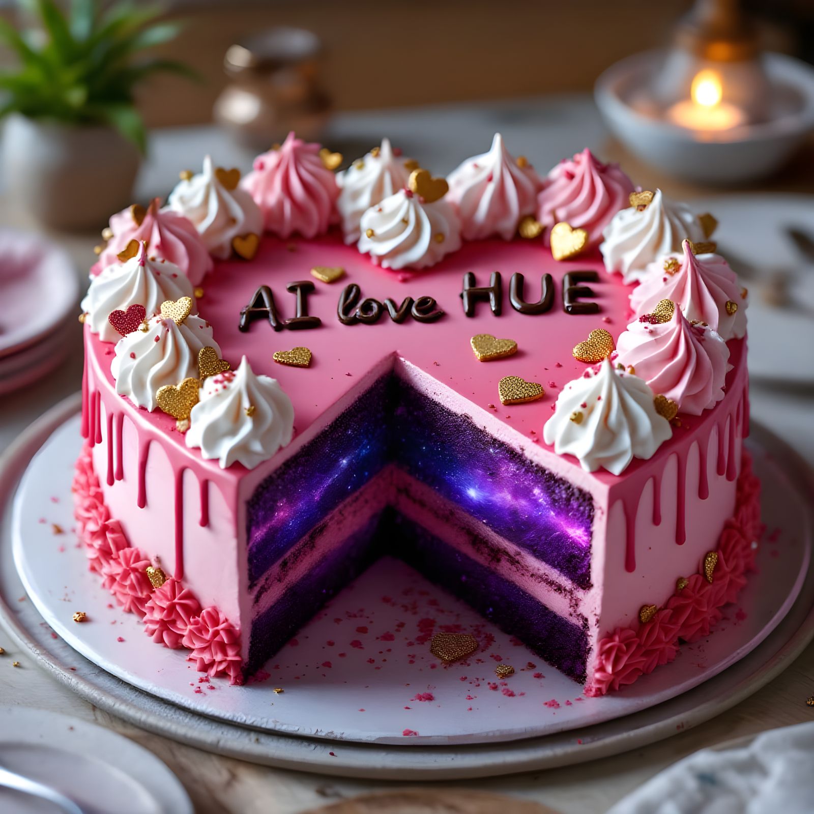 Heart-Shaped Cake in a Galaxy Kitchen