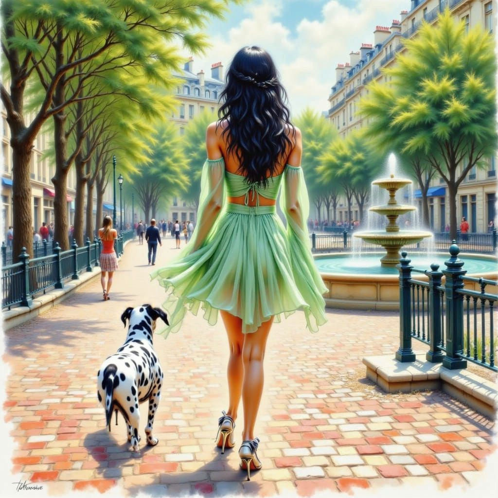 Elegant Woman with Dalmatian on Parisian Street in Watercolo...