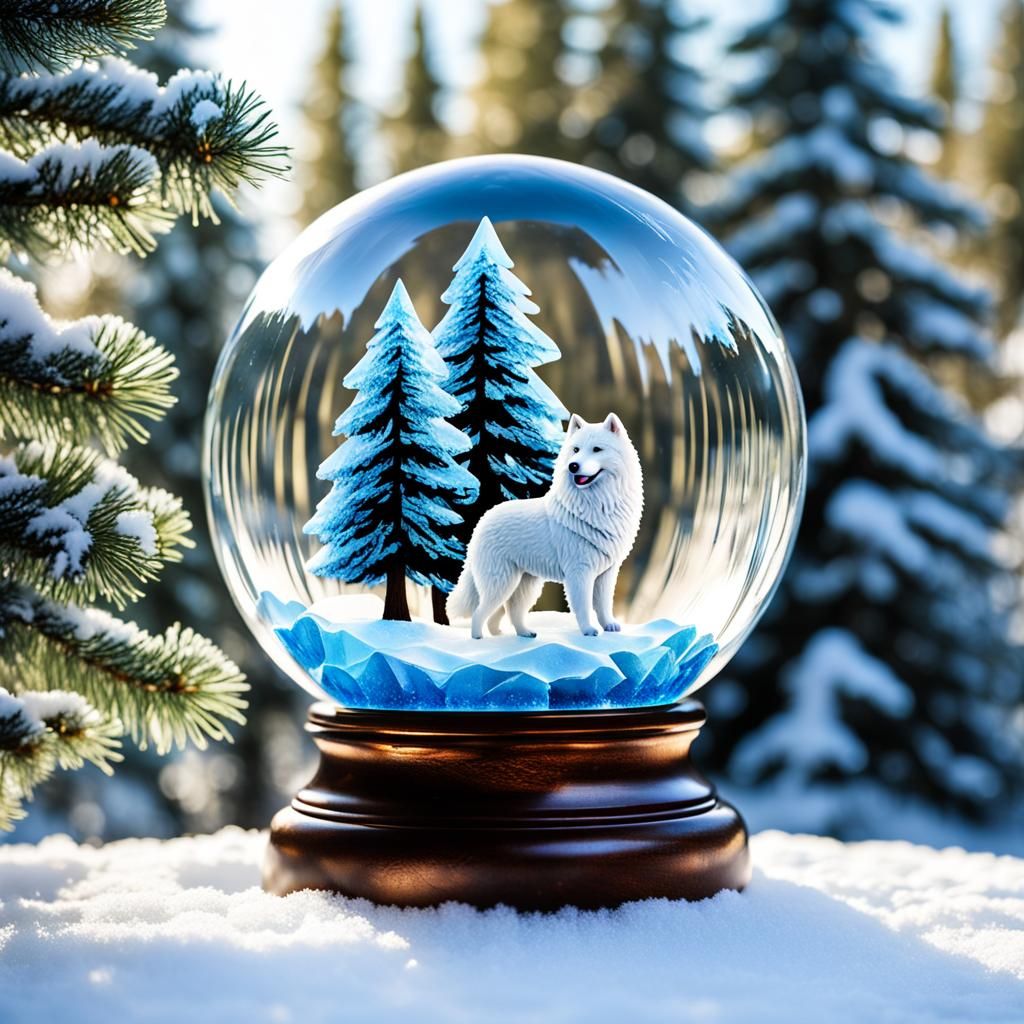 Crystallized Samoyed in Glass Globe on Snowy Landscape