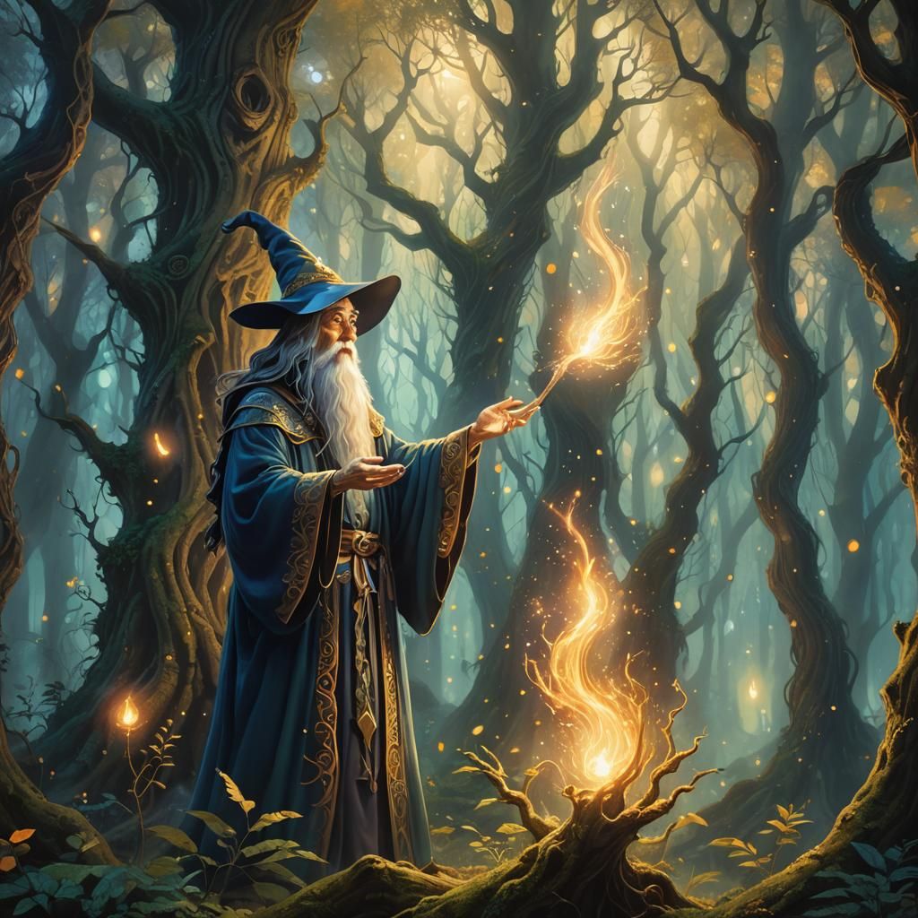 Wizard Casting Spell in Mystical Forest, Anime Style