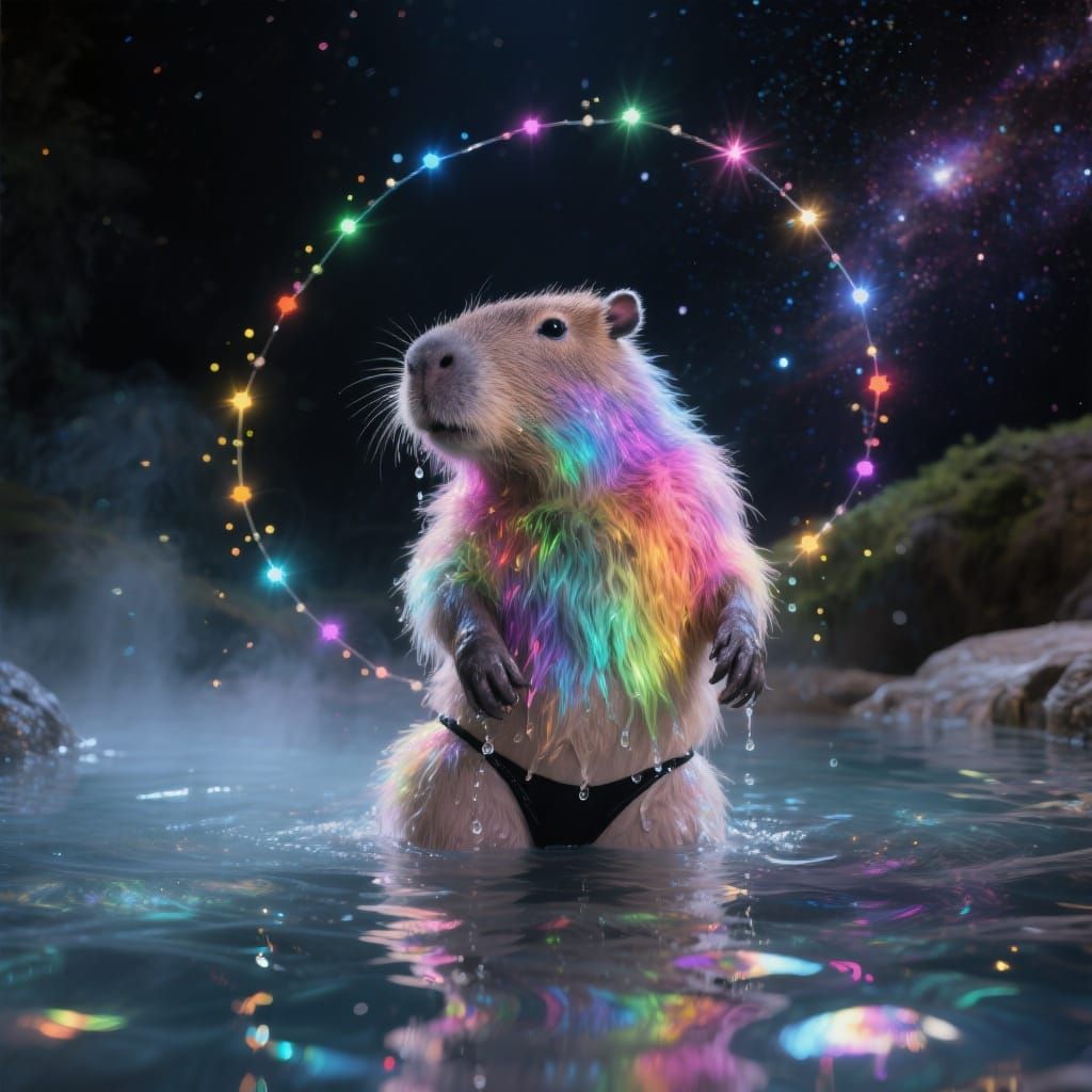 Iridescent Capybara in Hot Spring, Photorealistic Digital Ar...