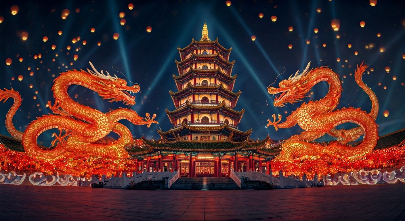 Colossal Magic Pagoda with Dragons at Lantern Festival