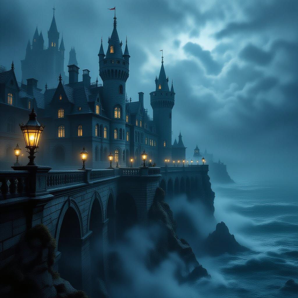 Gothic Castle Overlooking Stormy Sea in Dark Fantasy