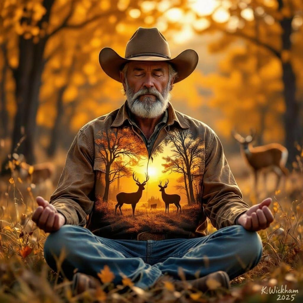 Old Cowboy Meditating in Autumn Forest Double Exposure