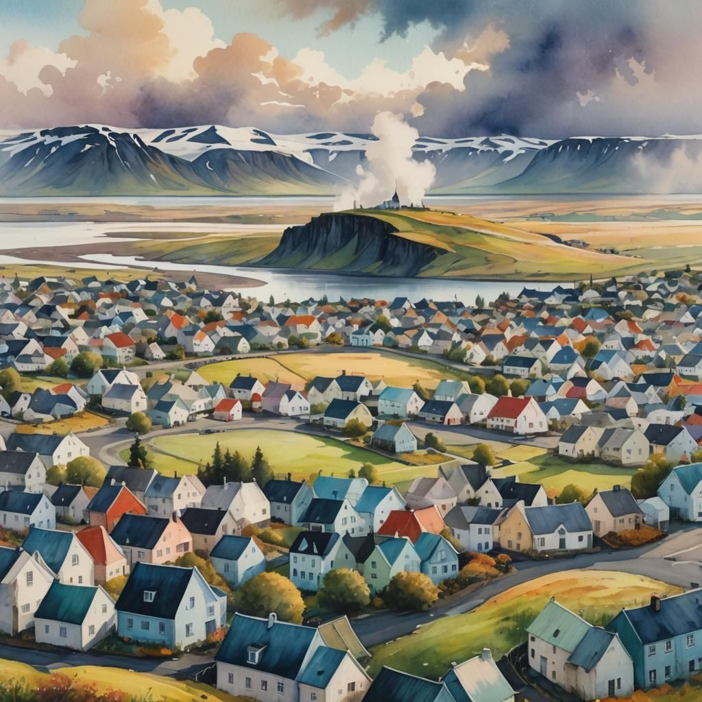 Icelandic Town in Surreal Panoramic Watercolor Painting