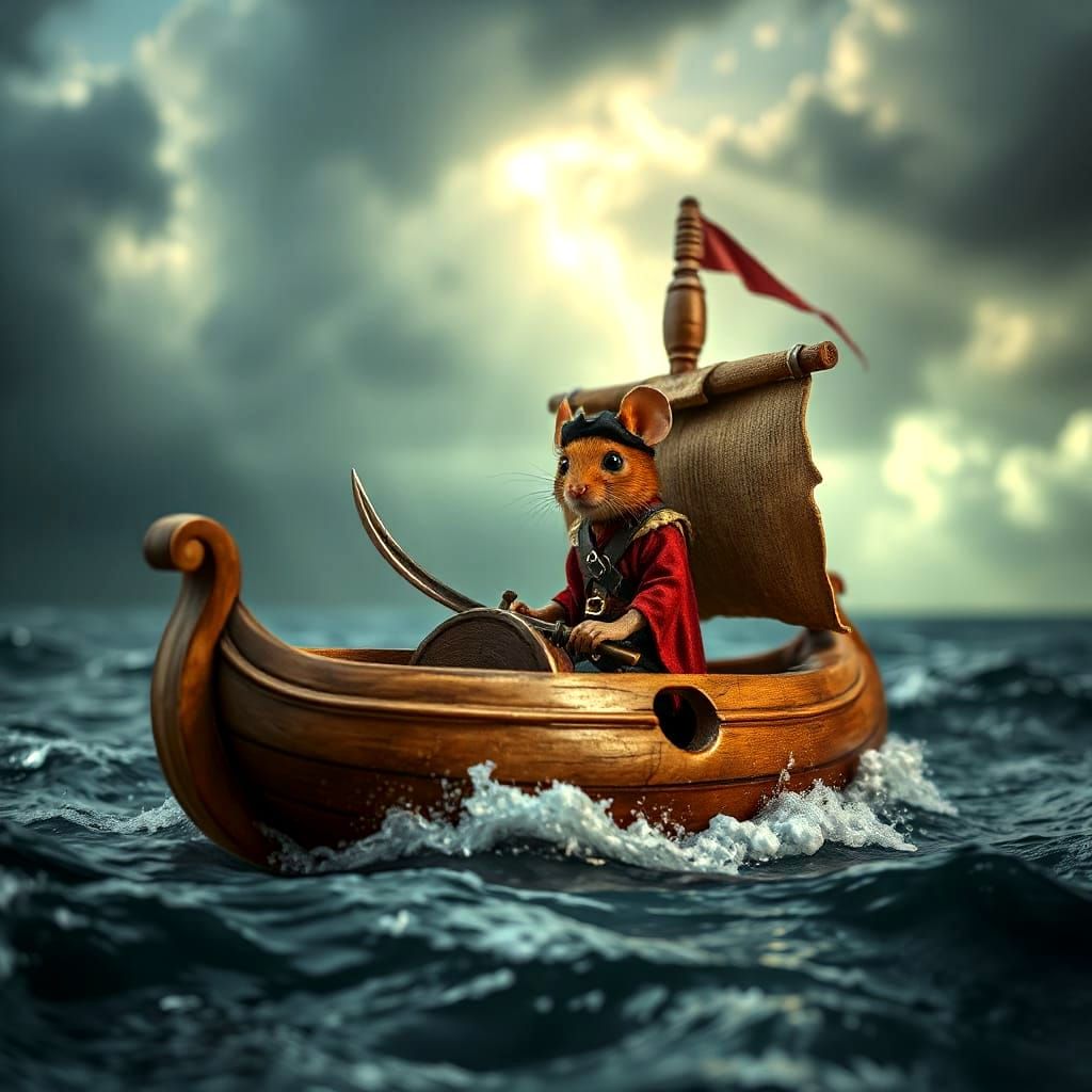 Pirate Mouse Sailing Stormy Seas: Digital Matte Painting