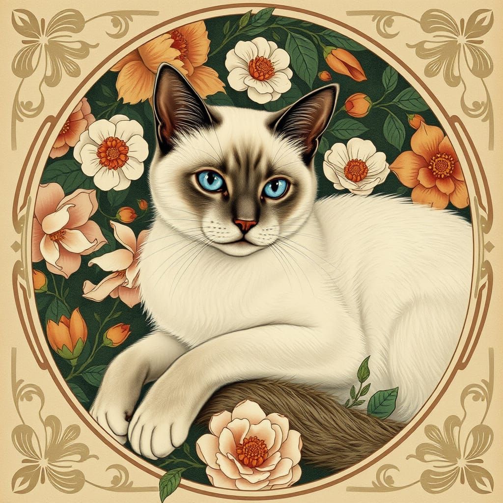Surreal Siamese Cat in Art Nouveau Floral Wonderland