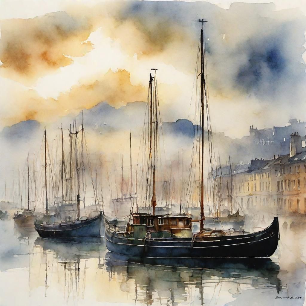 Aquarelle de bateaux dans un port