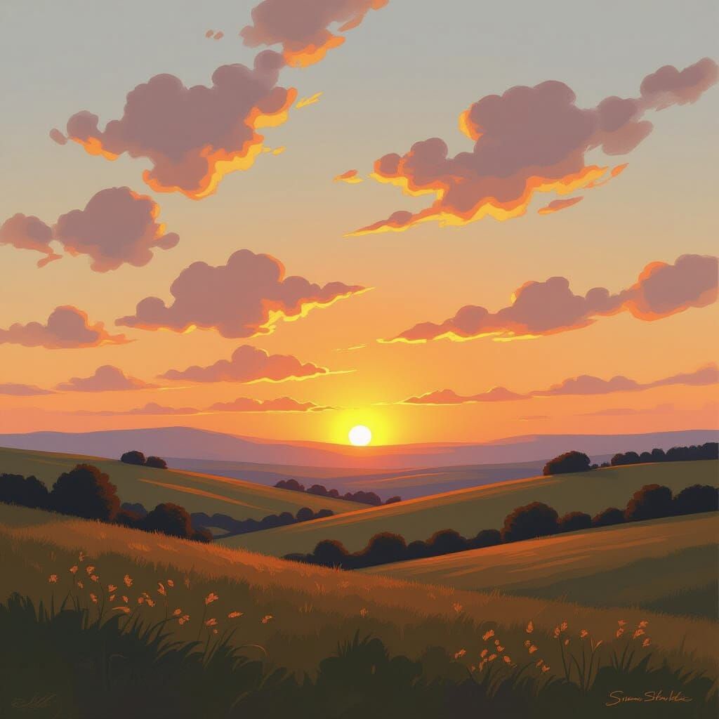 Warm Sunset Landscape in Impressionist Style