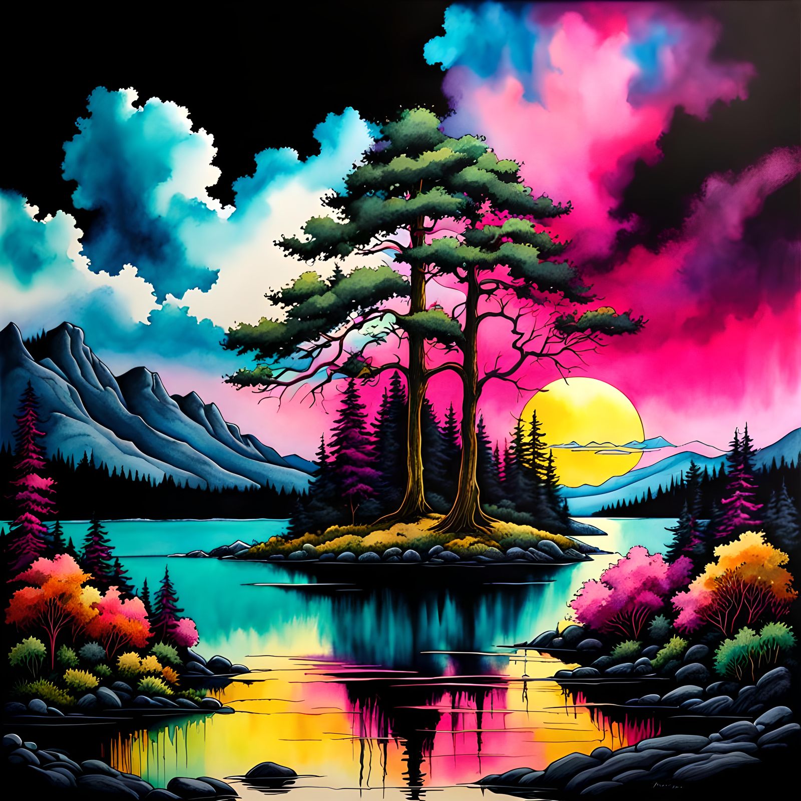 Beautiful fantasy landscape, trees, lake, clouds