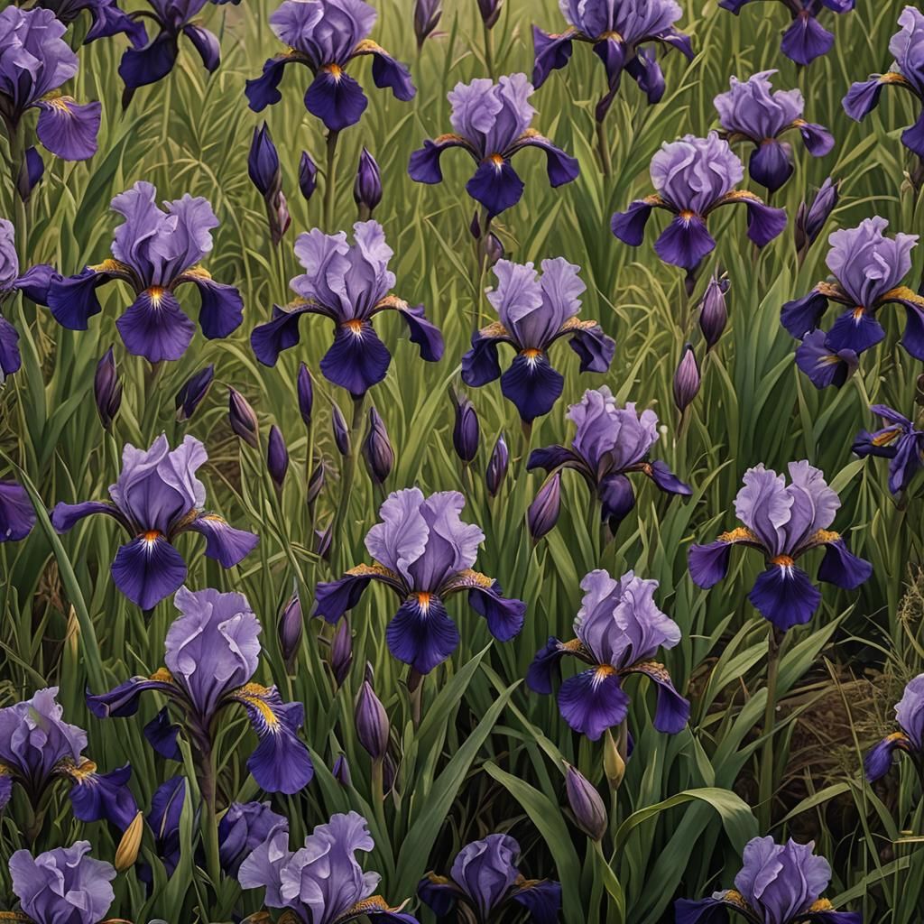 Purple Irises and Weeds in Dramatic Digital Painting