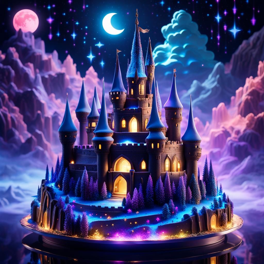 Fantasy Cake Castle with Neon Sky Digital Art