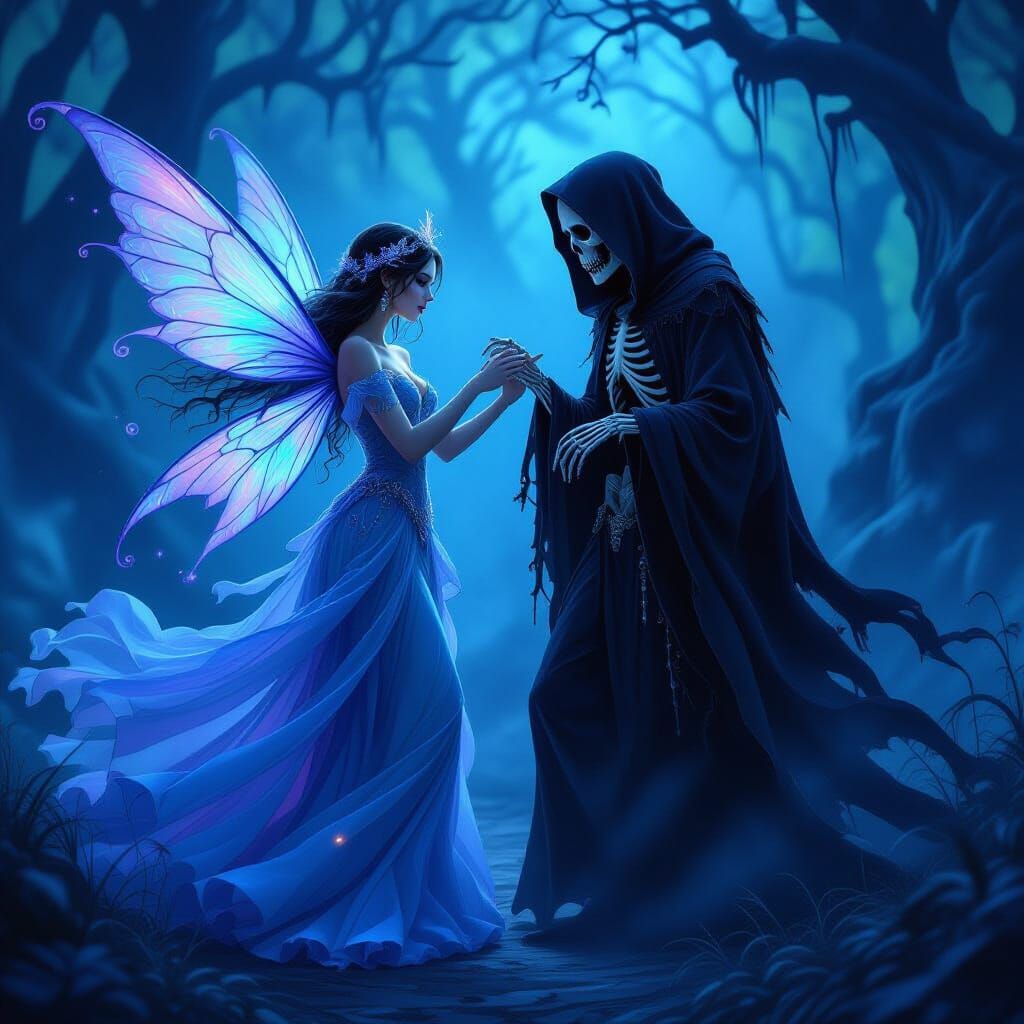 Fairy and Grim Reaper Dance in Ethereal Setting