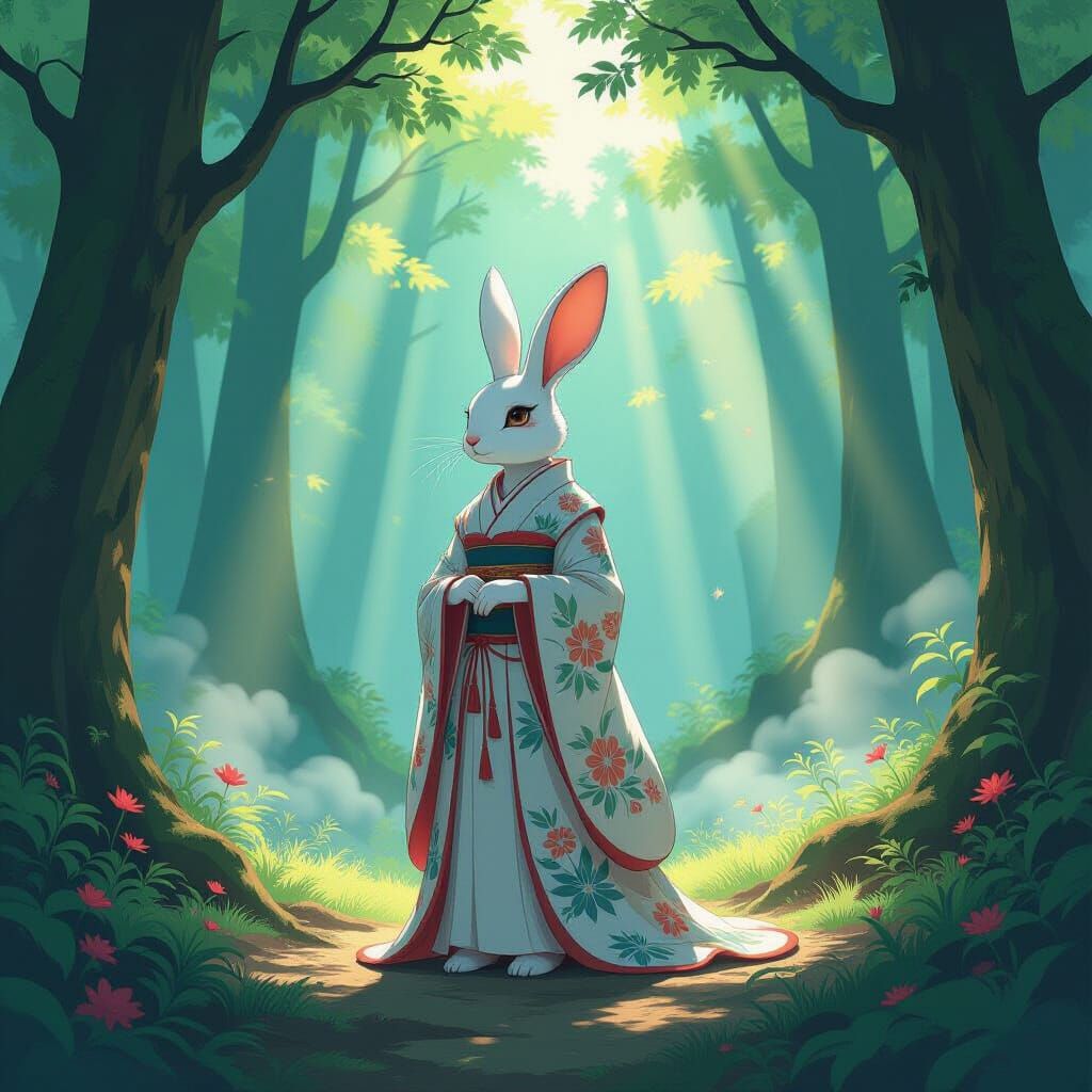 Rabbit Goddess in Ancient Forest Clearing, Ukiyo-e Inspired