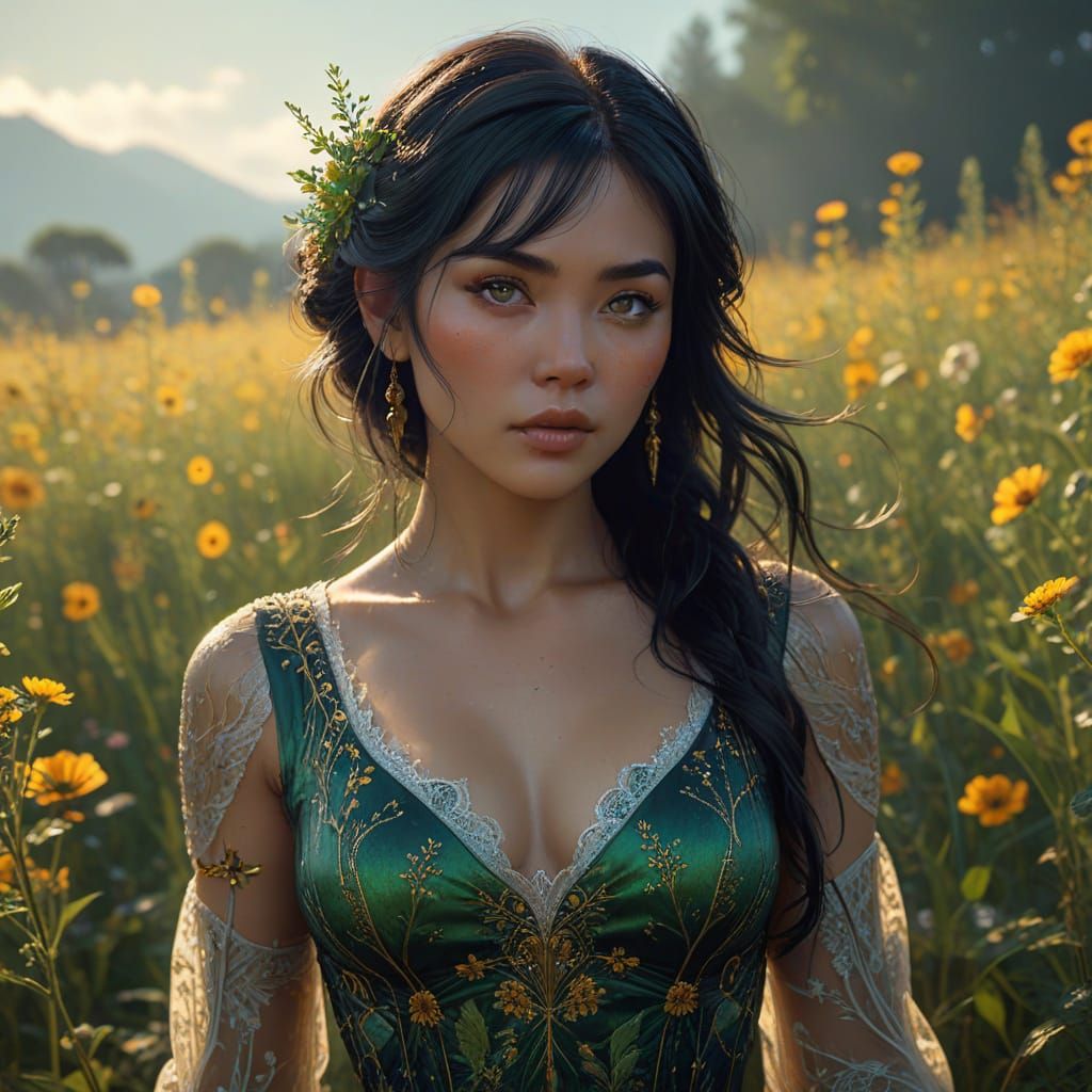 Japanese Woman in Wildflower Field at Dawn