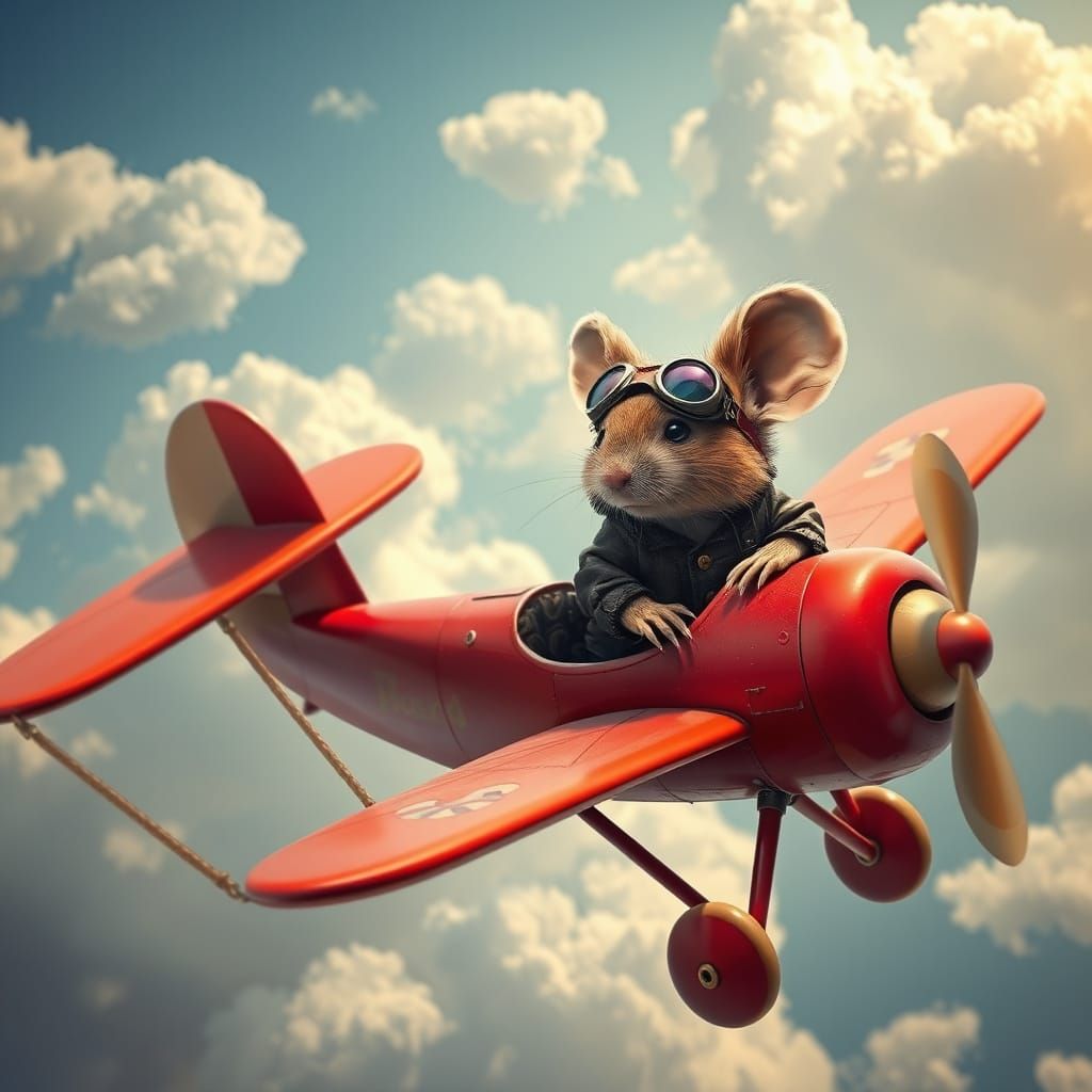 Mouse Aviator in Red Biplane, Hyperrealistic Style