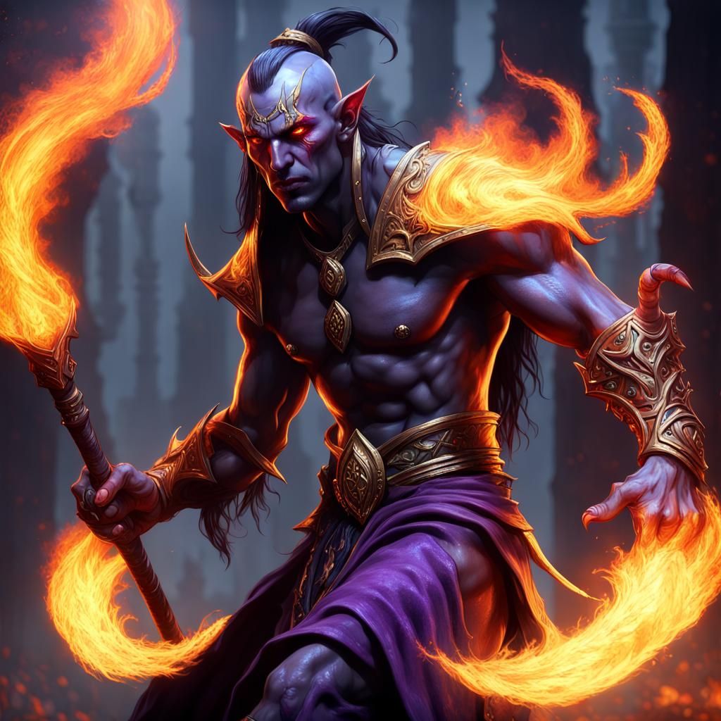 Dark Elf Barbarian Warlock with Flaming Eyes