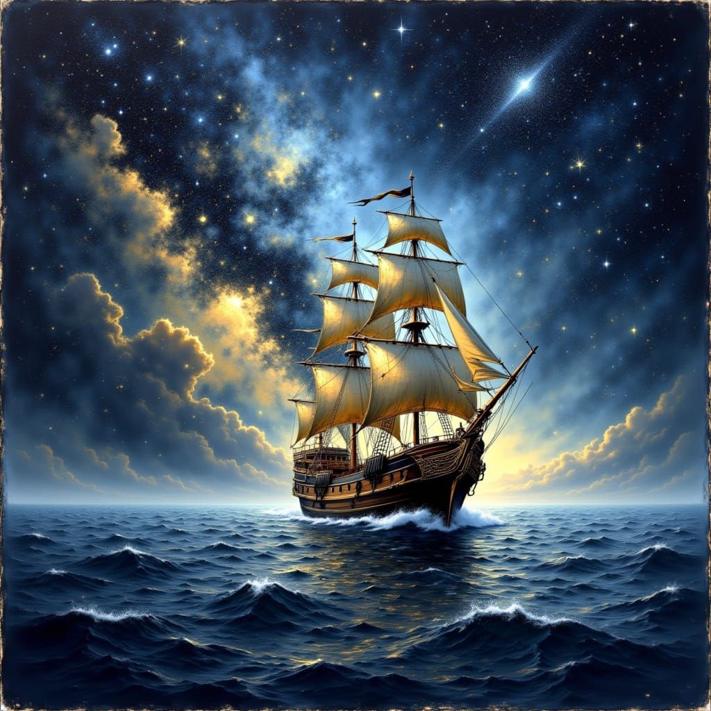 Sailing Vessel in Cosmic Oceanic Landscape