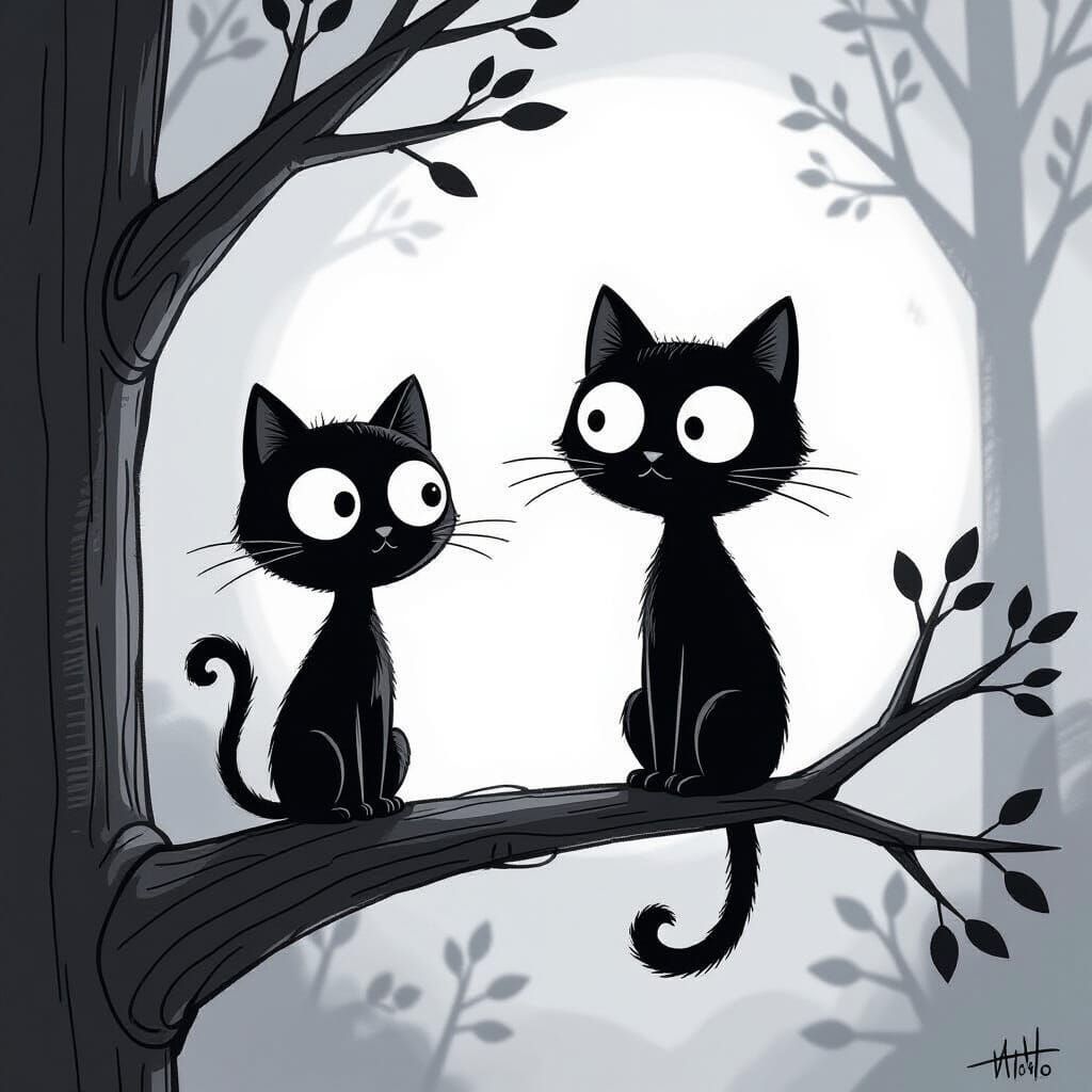Surreal Black Cat on Branch, Minimalist Digital Art