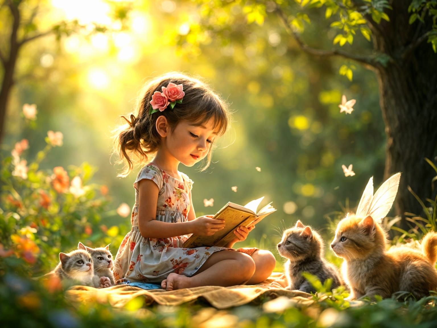 Girl Reading to Toys in Sunny Woods: 3D Digital Art