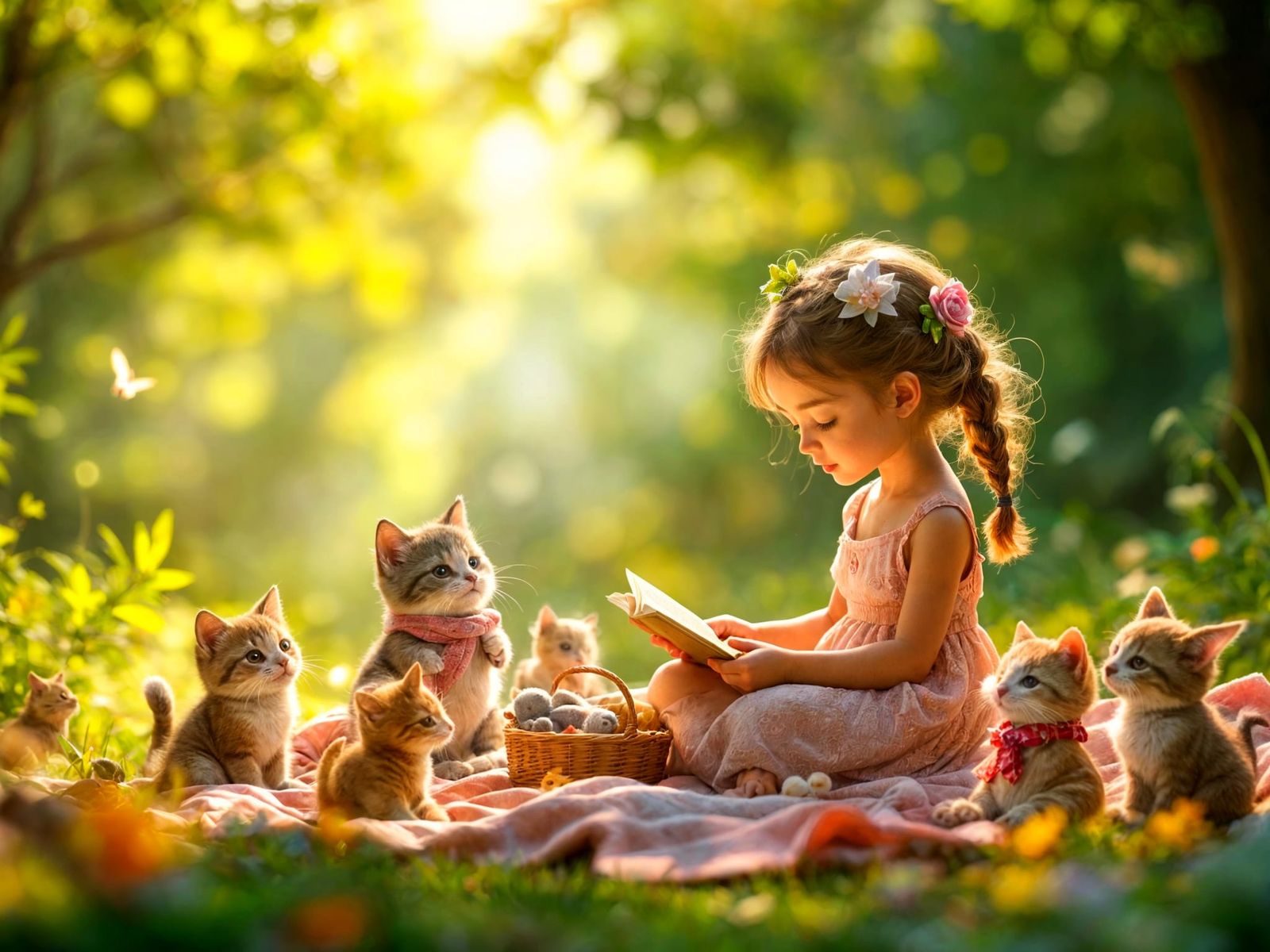 Girl's Fairy Tale Picnic in Sunny Woods: 3D Digital Art