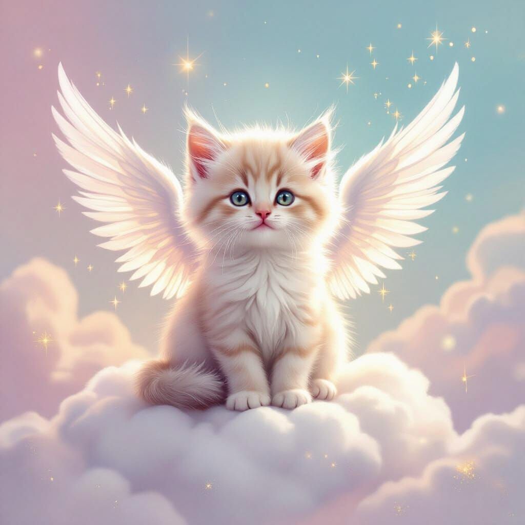 Fluffy Angel Kitten on Celestial Cloud