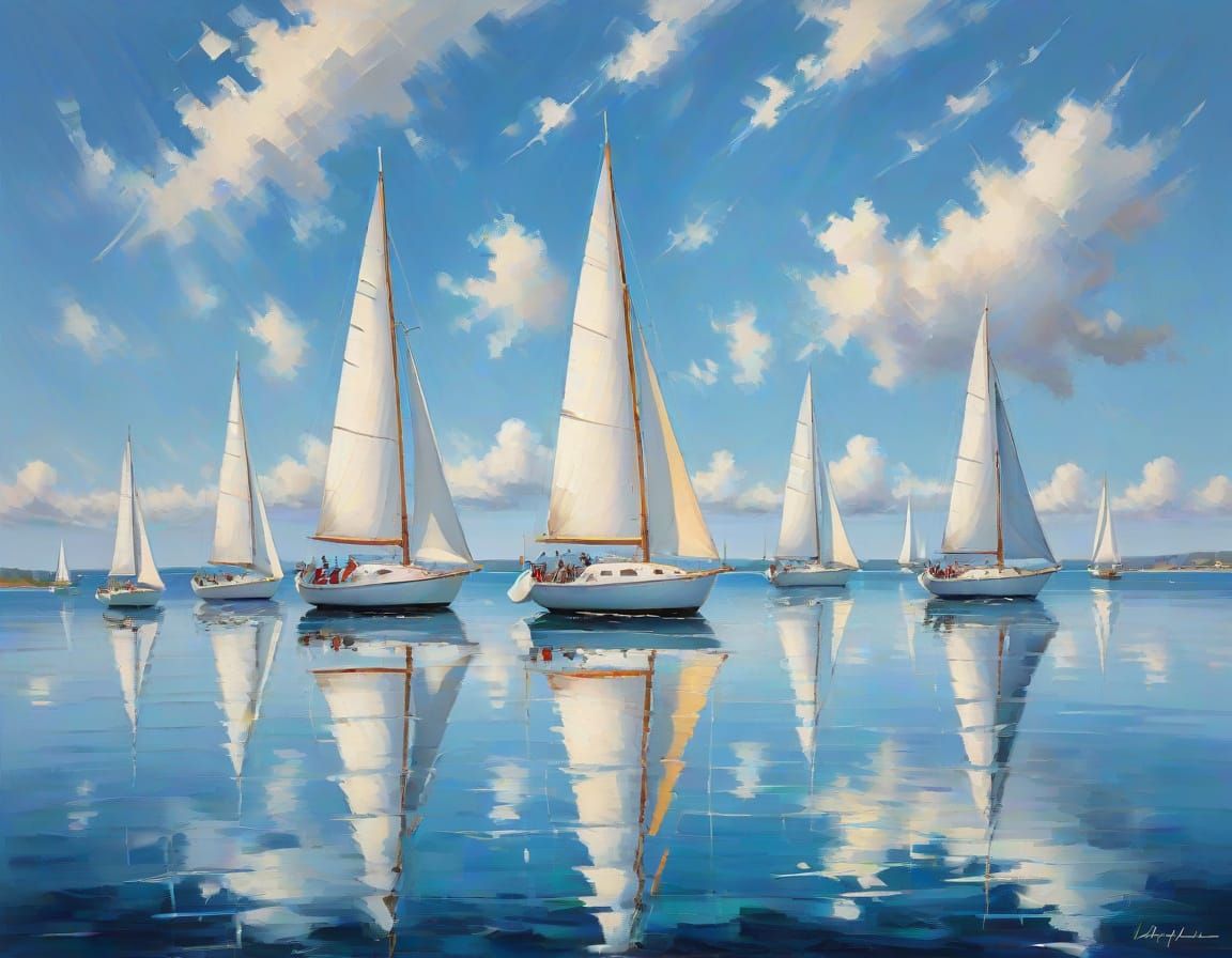 Impressionistic Sailboats on a Tranquil Blue Sea