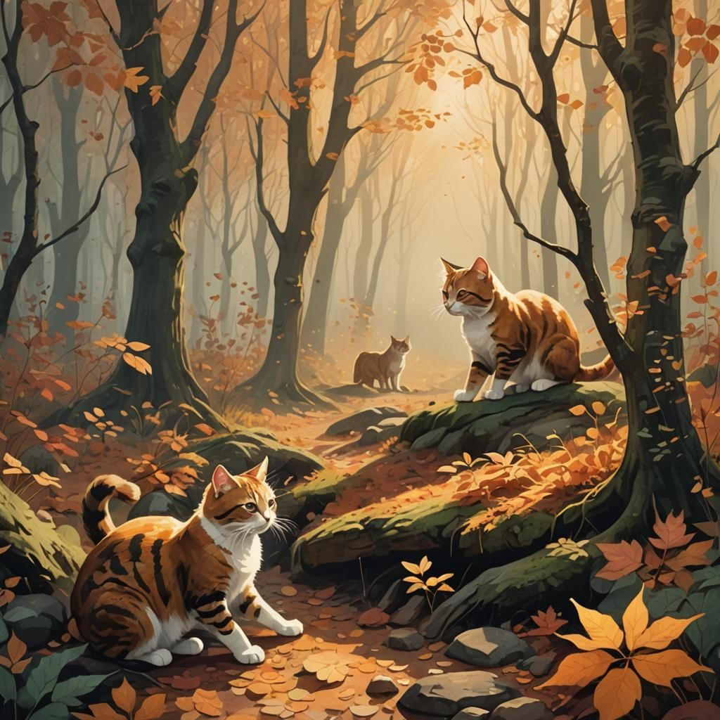 Cats Playing in Rainy Autumn Forest: Impressionist Illustrat...