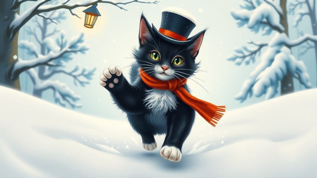 Whimsical Tuxedo Cat in Winter Wonderland