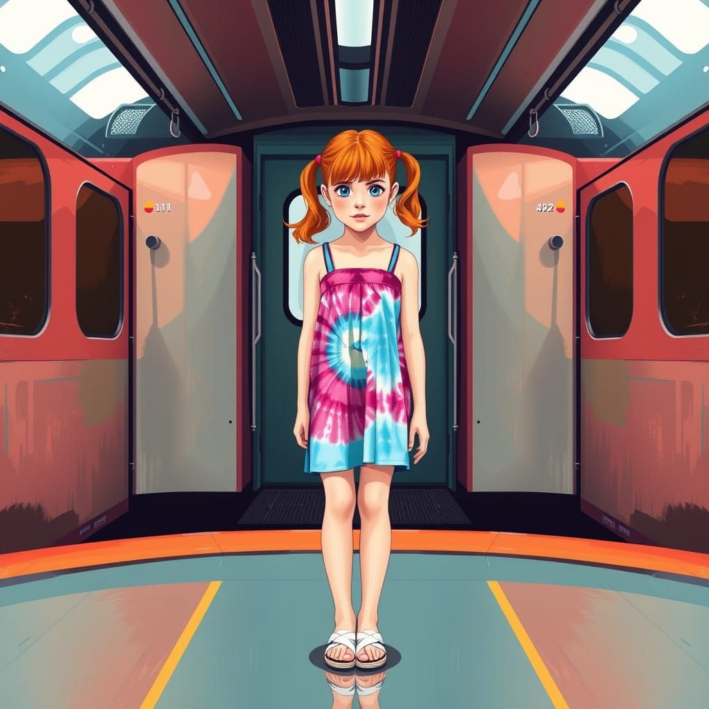 Colorful Preteen Boarding Train in Vibrant Pop Art