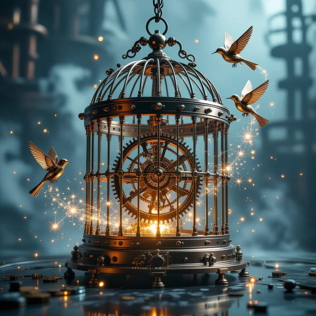 Steampunk Clockwork Birdcage with Escaping Robotic Birds